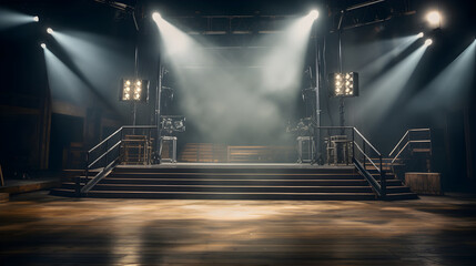 Lighting ramp along with powerful spotlights for creating artificial lighting while working in the theater film studio - obrazy, fototapety, plakaty