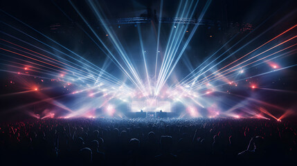  Live music concert audience, beams light show and concert lighting. Music festival or rock show...