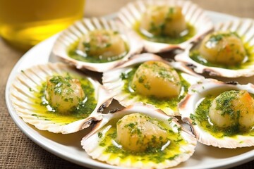 macro shot of seared scallops with garlic butter sauce