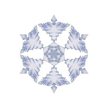 Hand drawn watercolor blue and silver snowflakes, water ice crystal frozen in winter. Illustration, single object isolated on white background. Design for holiday poster, print, website, card, booklet