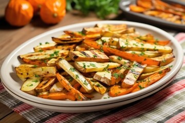 ceramic platter with grilled carrots and parsnips jumbled together - obrazy, fototapety, plakaty