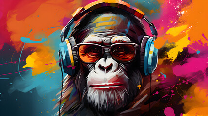 Party monkey wearing headphones on colorful abstract background - obrazy, fototapety, plakaty