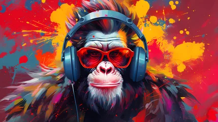 Foto op Plexiglas Party monkey ape with headphones on colorful abstract background © Trendy Graphics