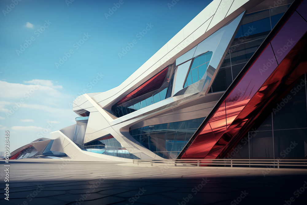 Poster a striking red and white building with captivating geometric patterns generative ai. created with ge