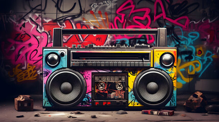 Retro ghetto blaster boombox, tape recorder from 80s era in a grungy graffiti covered room - obrazy, fototapety, plakaty