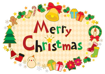 クリスマスイラストの楕円 フレーム バナー/チェッカー・オフホワイト