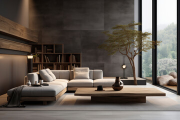 Modern tv living room with couch, new design coffee table and big windows