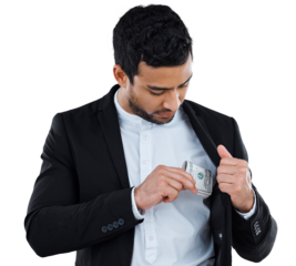 Business man, cash and bribe or corruption for deal or criminal on isolated transparent png background. Corporate worker, accounting and stocks for trading as scammer in crime or money laundering