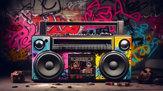 Retro ghetto blaster boombox, tape recorder from 80s era in a grungy graffiti covered room