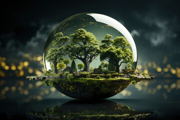 Natural World in changing to digital technology era time concept, Glass earth and green grass inside on dark background