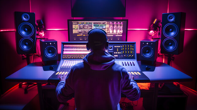 Music producer working in recording studio with neon lights