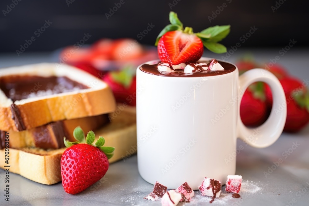 Canvas Prints steaming hot cocoa mug with strawberry bruschetta on the side