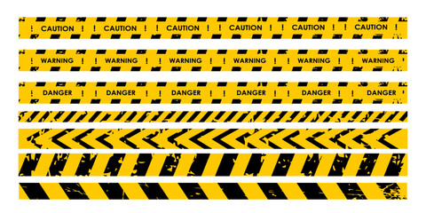 Caution and danger tapes. Warning tape. Black and yellow line striped. Vector illustration