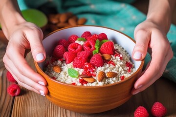 hand putting fresh raspberries on a bowl of quinoa porridge