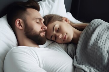 Lovely couple sleeping together relax. Pair people hug lying two. Generate Ai