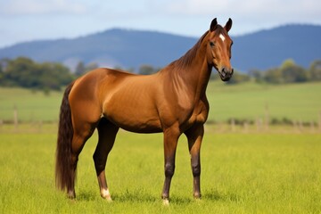 a brown horse standing in a green field