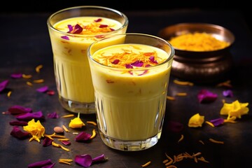 traditional sweet lassi adorned with saffron strands