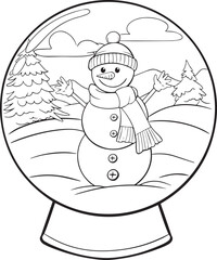 Snowman Cartoon. Christmas Snow Globe. Coloring Page for Adults and Kids. 