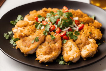 Chicken tanduri. Delicious chicken meal with rice, vegetables and sauce on a white plate. Generative AI