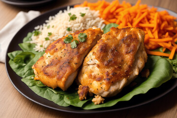 Chicken tanduri. Delicious chicken meal with rice, vegetables and sauce on a white plate. Generative AI