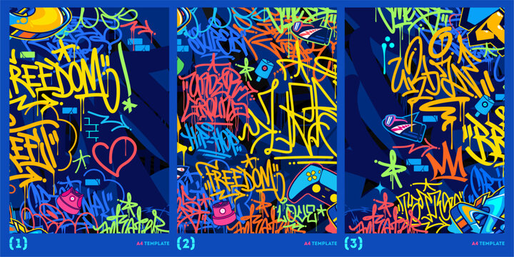 Trendy Abstract Dark Blue Graffiti Style A4 Poster Vector Illustration Art Template Background