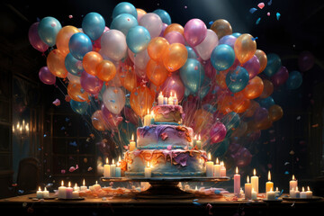 illustration of a Chocolate birthday cake with buttercream icing, candles and colorful balloons on a dark background. - obrazy, fototapety, plakaty