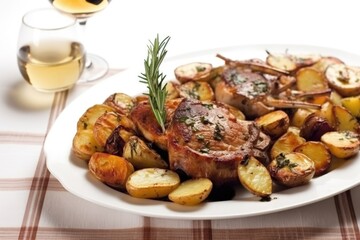 white plate with grilled veal chops and roasted baby potatoes