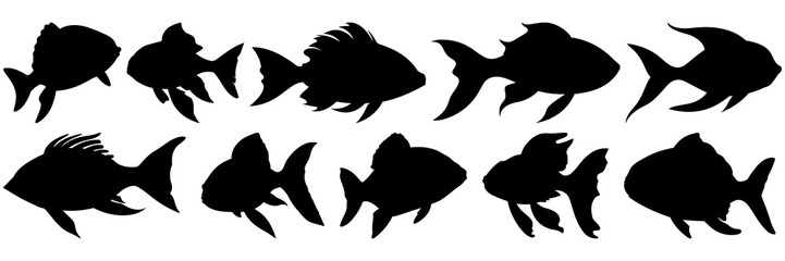 Fish silhouettes set, large pack of vector silhouette design, isolated white background