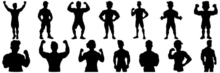 Bodybuilder fitness and gym silhouettes set, large pack of vector silhouette design, isolated white background