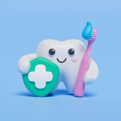 Happy healthy tooth cute character cleaning with toothbrush  toothpaste and medical shield. Health care for children dental care and dentistry concept. 3d rendering.