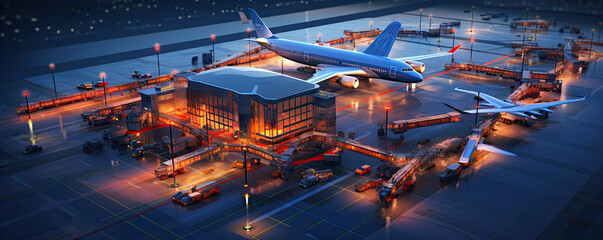 Commercial futuristic airport from top view. Night scene of aircrafts in airport.
