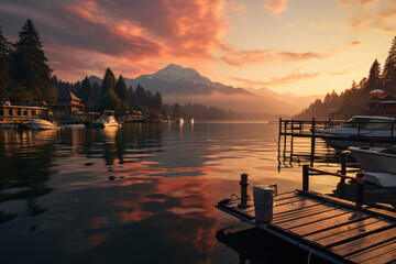 Fototapeta premium Mole (pier) on the lake. Wooden bridge in forest in spring time with blue lake. Lake for fishing with pier. Dark and Foggy lake with hills.