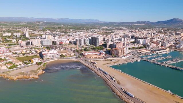 Aerial drone view of the bullring in the Spanish coastal town of Vinaros