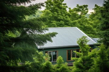 Fototapeta na wymiar subtle view of metal-roofed farmhouse hidden between lush green trees