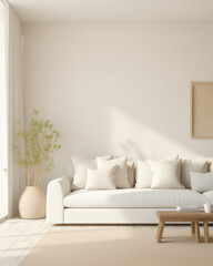 fresh contemporary living room, minimal interior, white furniture, white couch, in the style of cottagecore, beige, generative AI