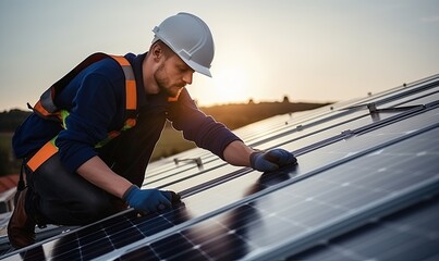 Man Installing Solar Panel on Rooftop - obrazy, fototapety, plakaty