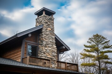 Fototapeta na wymiar stone chimney on a log cabin roof