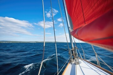 shot focusing on sail in wind against backdrop of open water