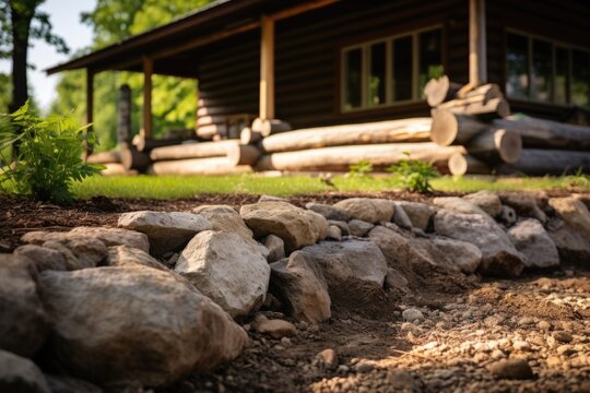 picture portraying the connection between nature and the stone footings of the wooden cabin