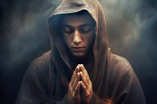 Man hood praying costume. Prayer religious god faith. Generate Ai
