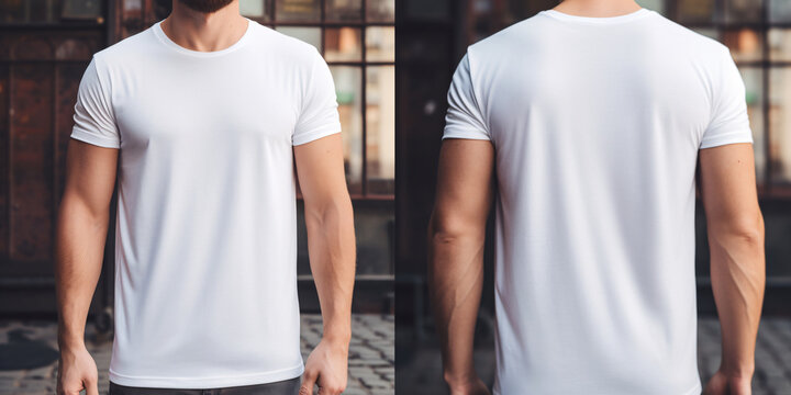 White T- Shirt Mockup, Blank Shirt Template, Casual Fashion, Man, Boy, Male, Model, Wearing a White Tee Shirt, Front and Back View