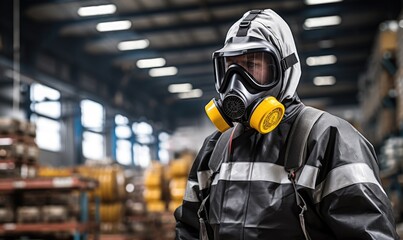 A Man in Protective Gear Exploring an Industrial Space - obrazy, fototapety, plakaty