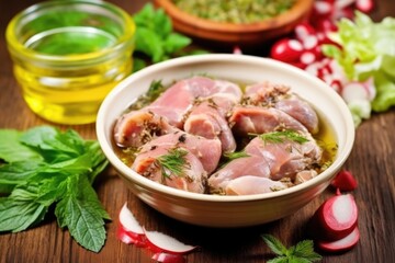 rabbit meat in bowl with herbal marinade