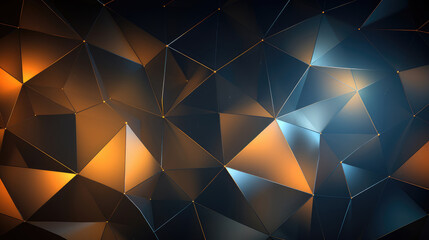 3D Abstract geometric polygonal background with golden lights