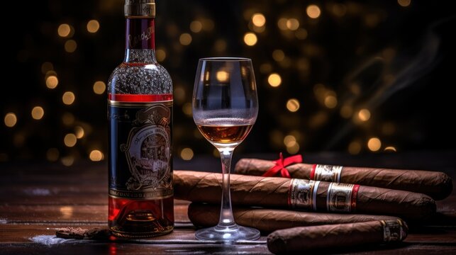  Christmas Cigar with Bourbon Bottle and Glass, Colored Lights and Christmas Decorations on Dark Wooden Table