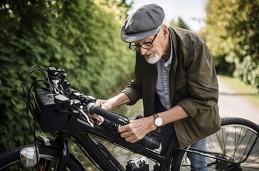 Fototapeta na wymiar Senior man repair electric bike outdoor. Person one vehicle electrical. Generate Ai