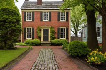 saltbox house with brick facade, trees, and a small pathway leading to the door