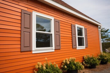Fototapeta na wymiar orange window shutters on a saltbox property