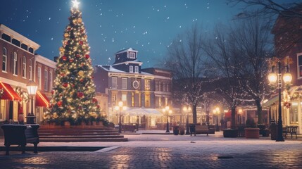 Fototapeta na wymiar Christmas Tree Lighting Up Historic Gettysburg Town Square at Night - Winter Travel and Tourism Stock Image