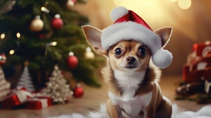 Fido: Illuminated Chihuahua Celebrates Christmas in Santa Hat Beside Tree.